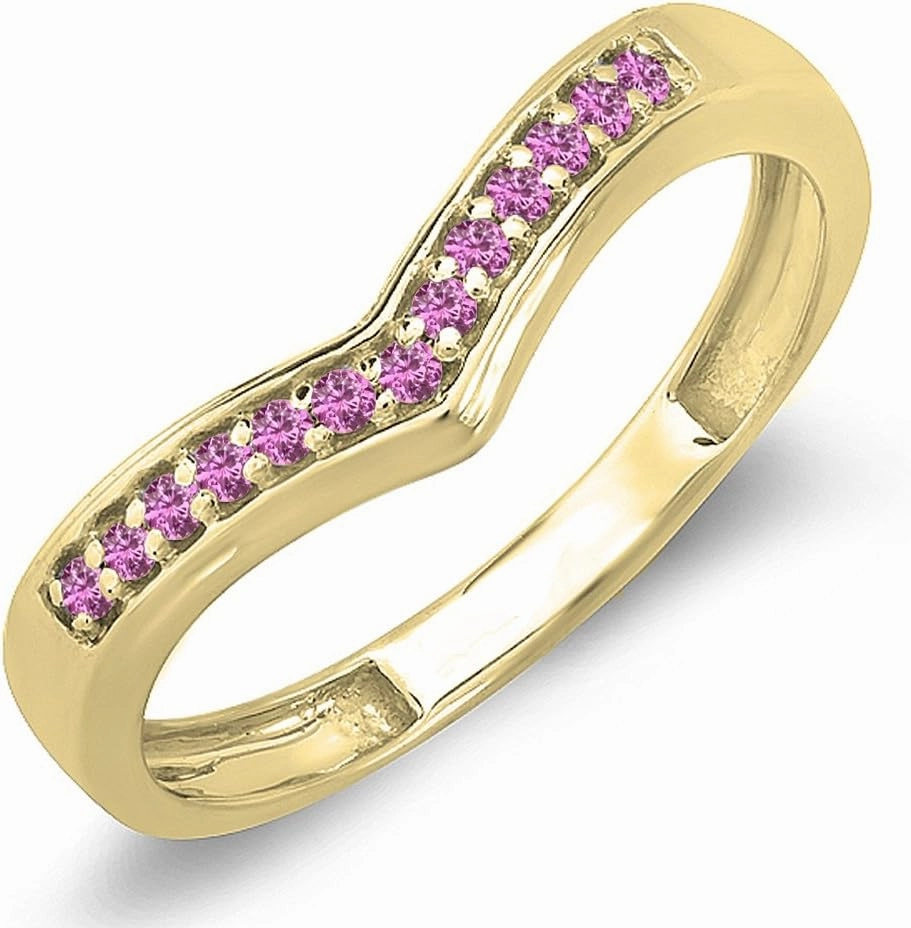 0.15 Cttw 10K Solid Gold Round Real Pink Sapphire Wedding Stackable Band Anniversary Guard Chevron Ring