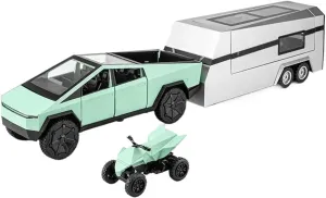 1 24 for Tesla Cyber Truck Pickup Trailer Alloy Car Model Diecast Camper Van Touring Car Model Collectibles Non-Remote App Controlled Toys(Green)