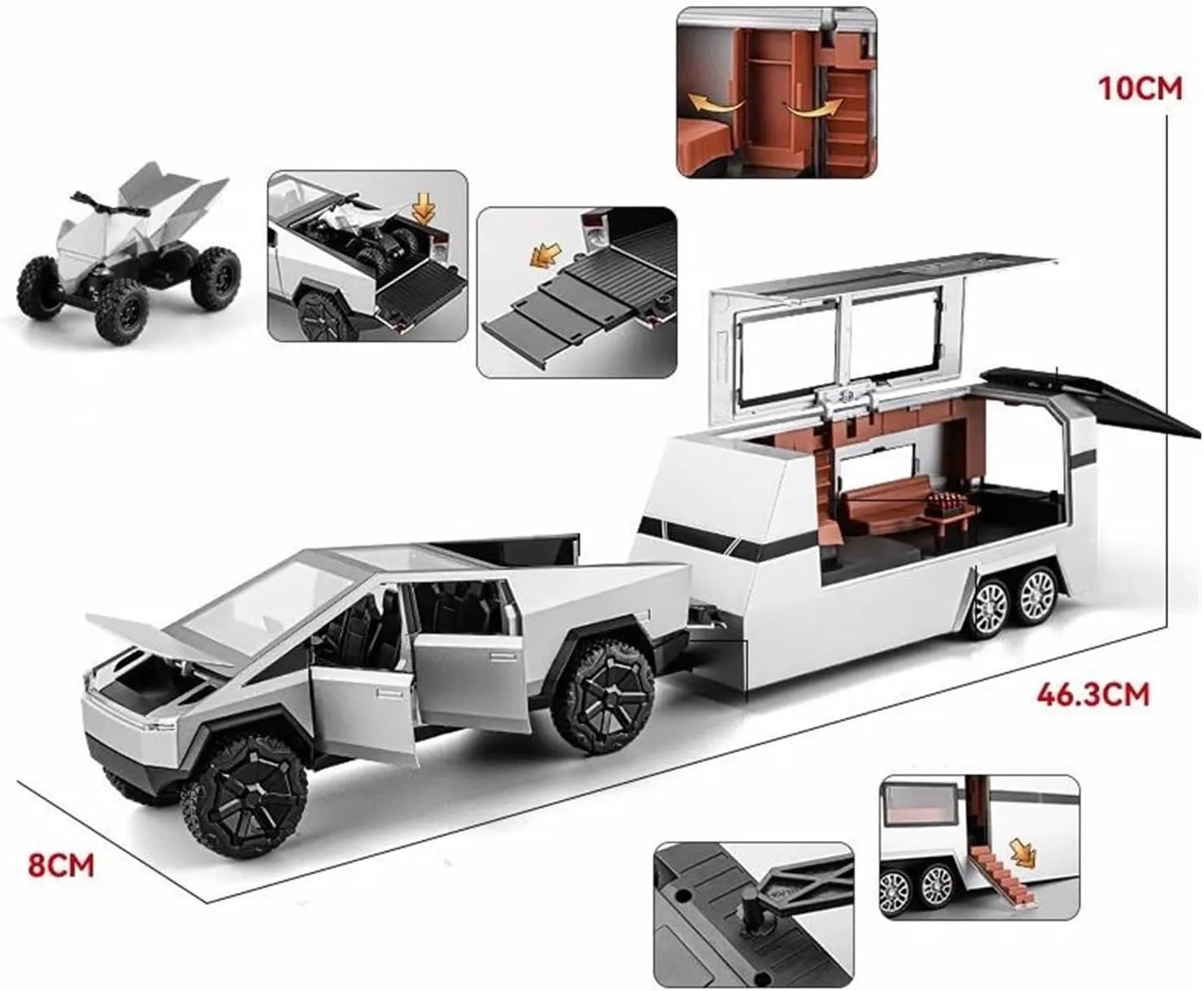 1 24 for Tesla Cyber Truck Pickup Trailer Alloy Car Model Diecast Camper Van Touring Car Model Collectibles Non-Remote App Controlled Toys(Green)