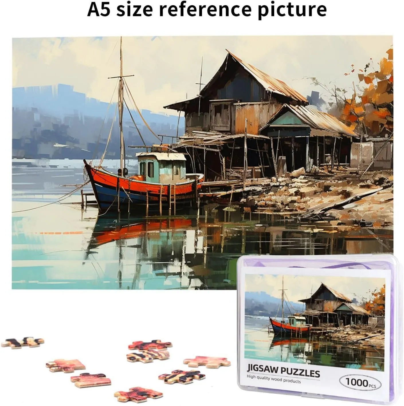 1000 Piece Jigsaw Puzzles for Adults Challenging Puzzle Wooden Picture Puzzle Personalized Custom Old Fishing Village Wood Puzzle for Family Game Nights Gifts 29.5x19.7 inches Puzzle