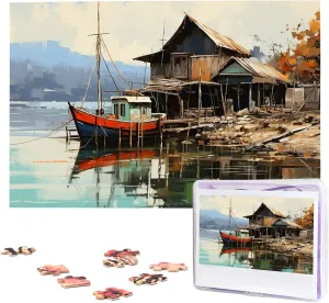 1000 Piece Jigsaw Puzzles for Adults Challenging Puzzle Wooden Picture Puzzle Personalized Custom Old Fishing Village Wood Puzzle for Family Game Nights Gifts 29.5x19.7 inches Puzzle
