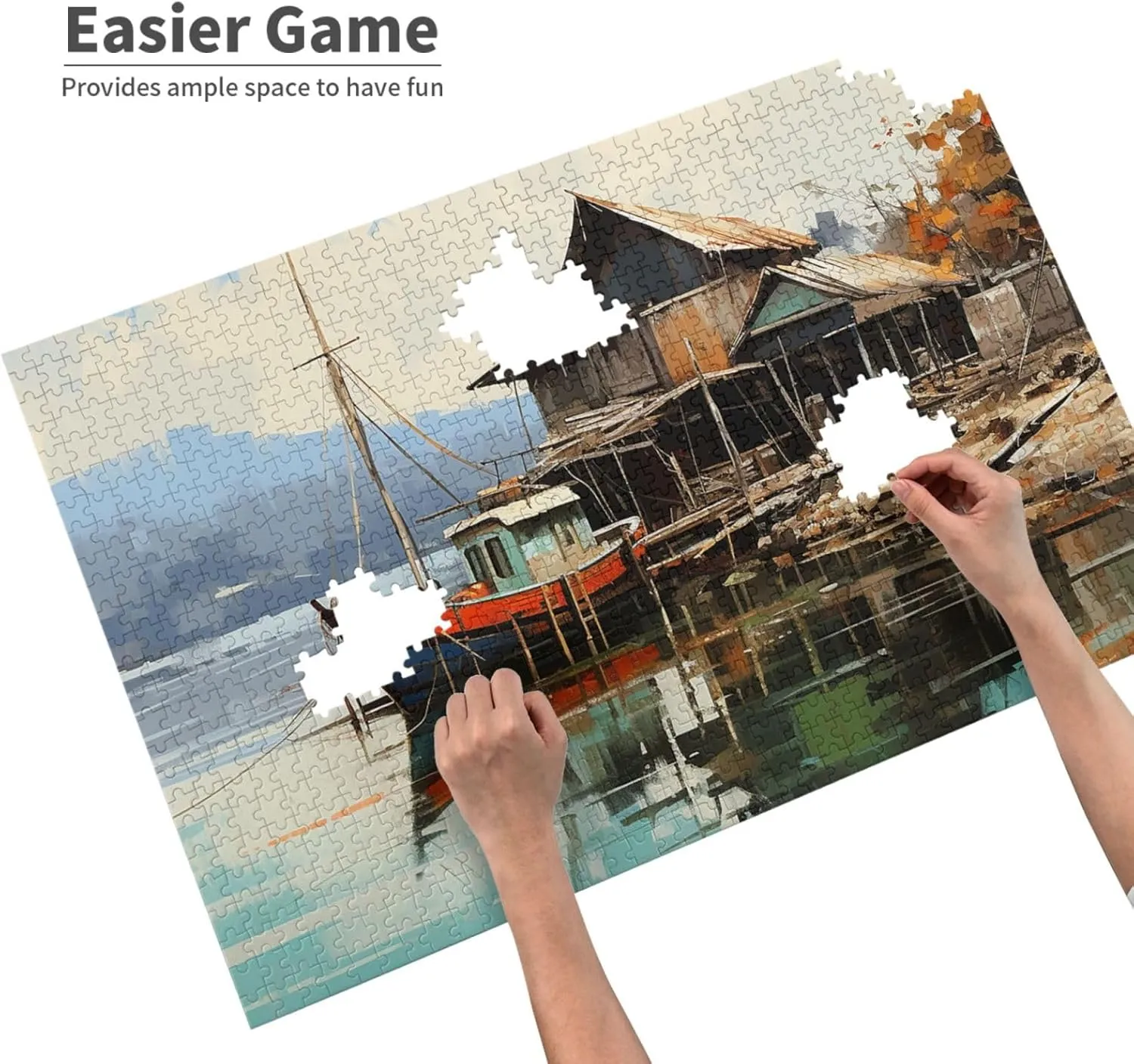 1000 Piece Jigsaw Puzzles for Adults Challenging Puzzle Wooden Picture Puzzle Personalized Custom Old Fishing Village Wood Puzzle for Family Game Nights Gifts 29.5x19.7 inches Puzzle
