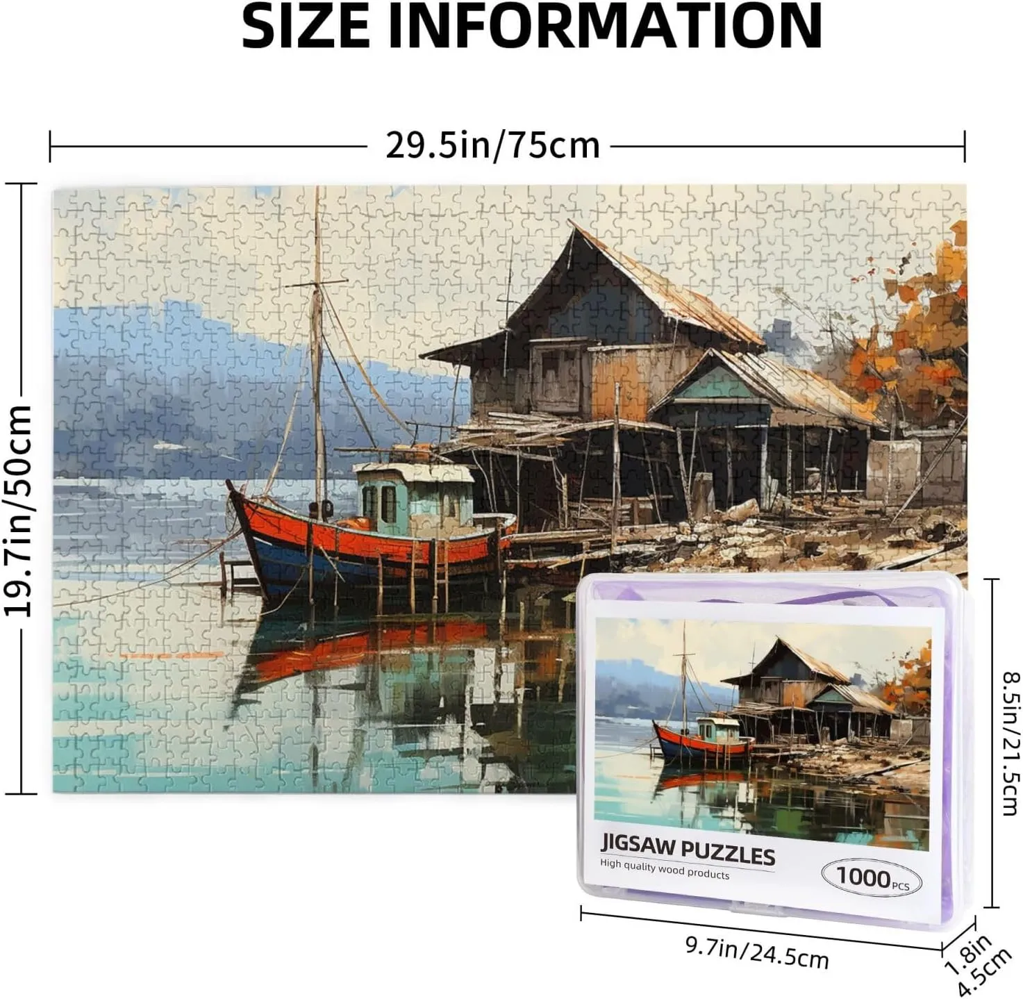 1000 Piece Jigsaw Puzzles for Adults Challenging Puzzle Wooden Picture Puzzle Personalized Custom Old Fishing Village Wood Puzzle for Family Game Nights Gifts 29.5x19.7 inches Puzzle