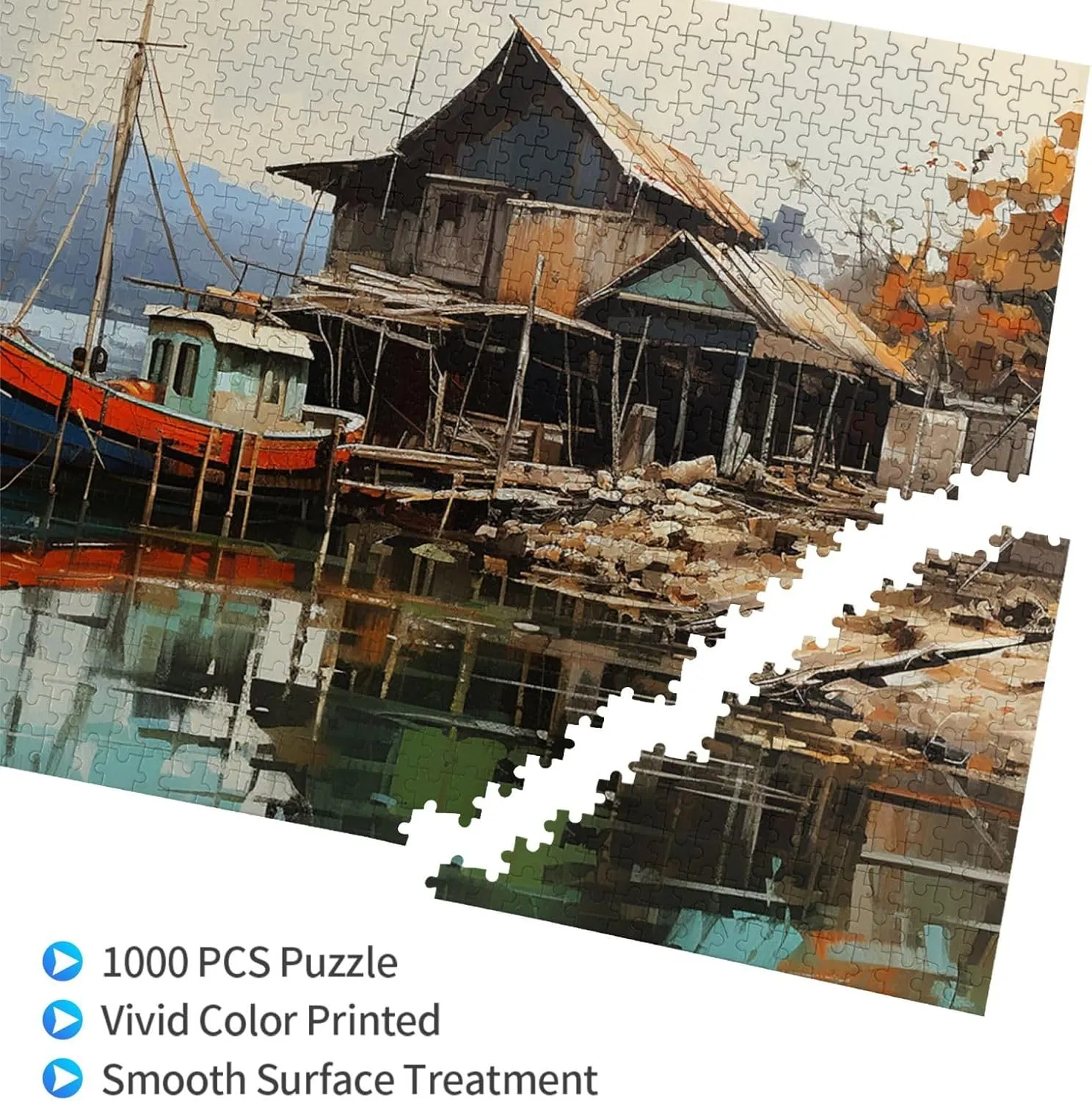 1000 Piece Jigsaw Puzzles for Adults Challenging Puzzle Wooden Picture Puzzle Personalized Custom Old Fishing Village Wood Puzzle for Family Game Nights Gifts 29.5x19.7 inches Puzzle
