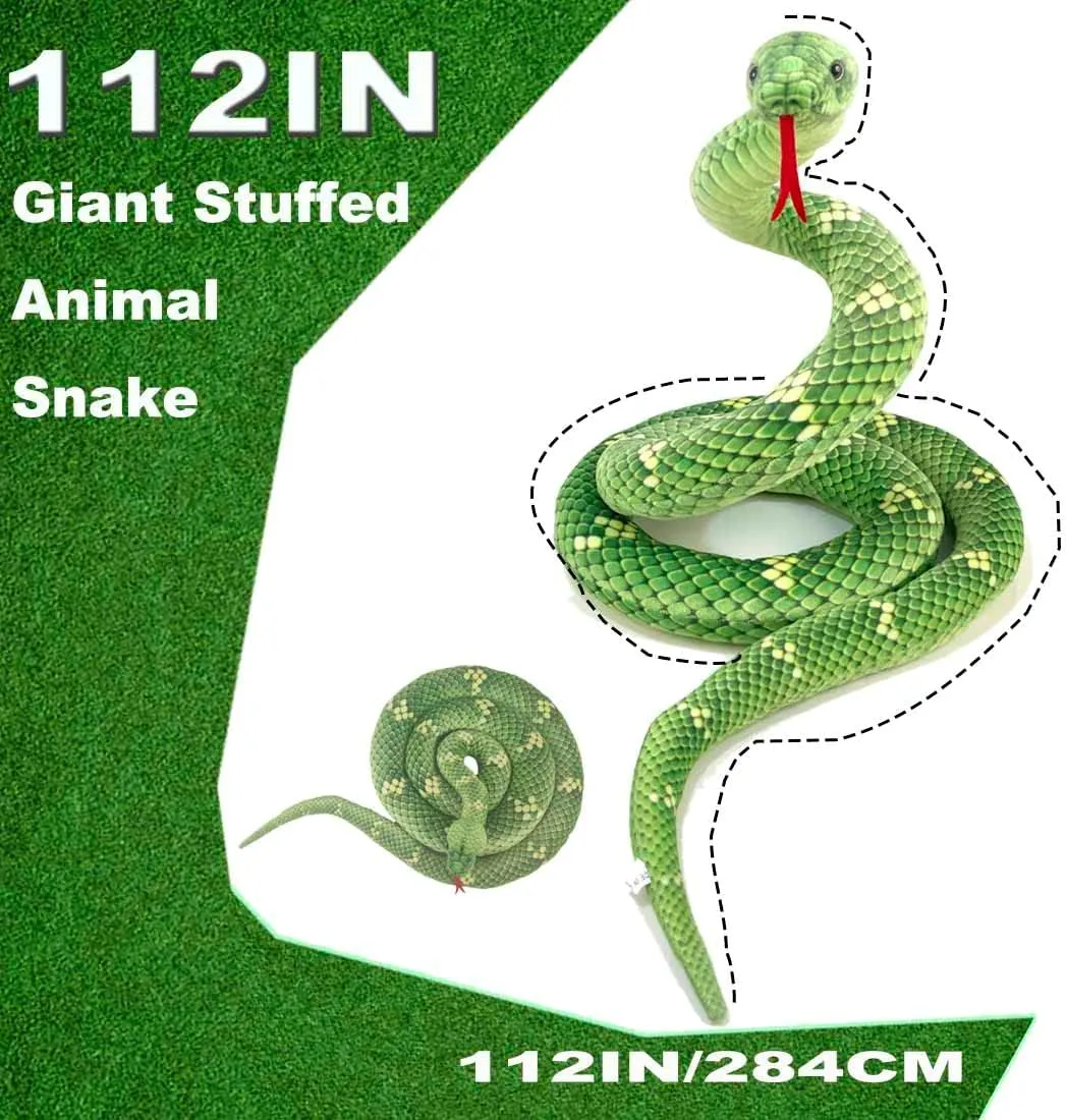 112 Inch Stuffed Anaconda - Green Kids Plush Snake Toy with Prank Props