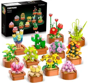 12 Pack Flowers Succulents 3.6MM Mini Building Set - 1403PCS Flower Botanical Collection for Home Décor Plant Building Blocks Toy, Party Favors Gifts for Easter Birthday Adults Women Kids 10 
