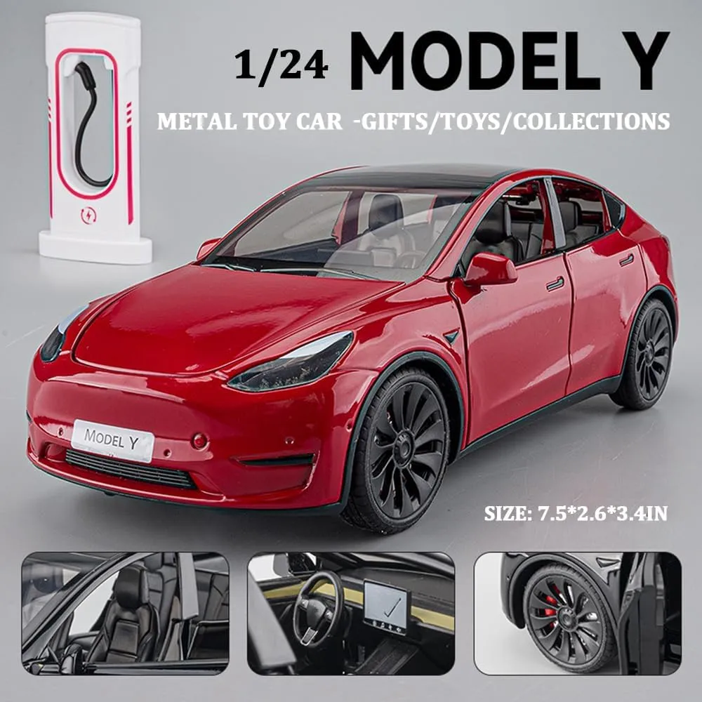 1/24 Model Y Alloy Simulation Casting Toy Car, Children's Dream Toys Car Toys with Sound, Light, Pull-Back, Birthday Gifts for Kids or Car Lovers White Elephant Gifts - Red