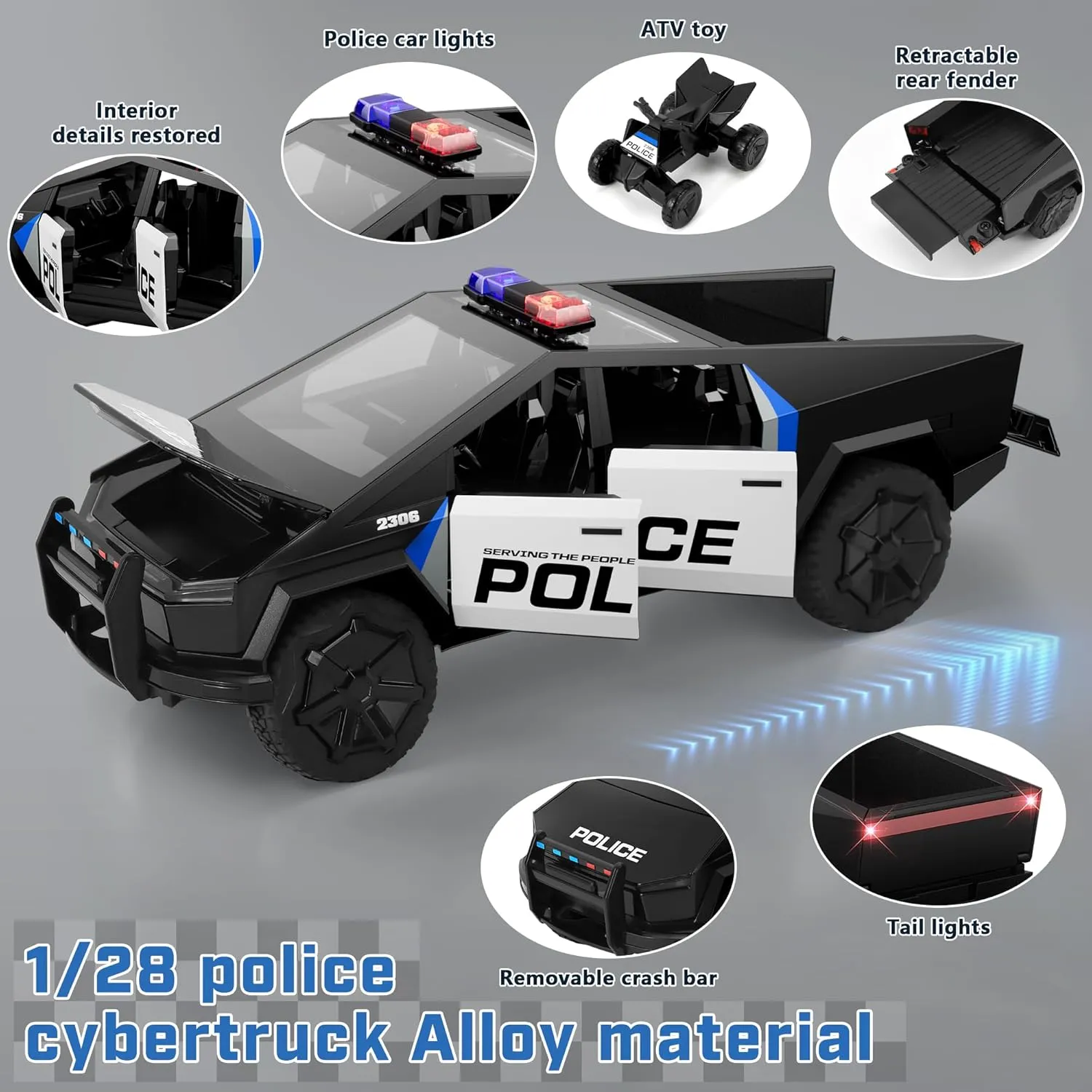 1/28 Alloy Cybertruck Toy Police Cyber Truck,Diecast Metal Car Model Toy with Sound Light and Pull Back Power,Christmas Birthday Gifts for Boy Girl