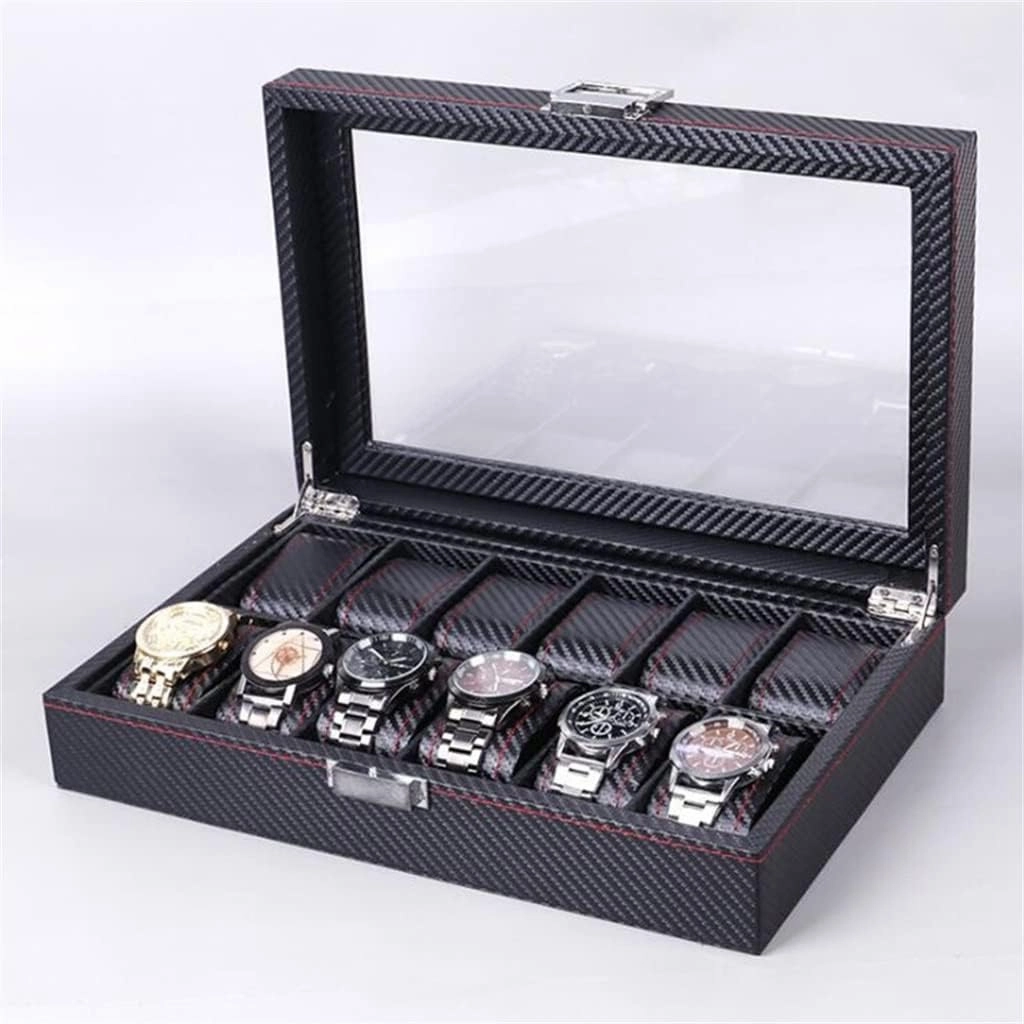 12 Grids Carbon Fiber Watch Box PU Jewelry Box Density Board Watch Case Holder Organizer for Watches Men Valentine's Day Gift