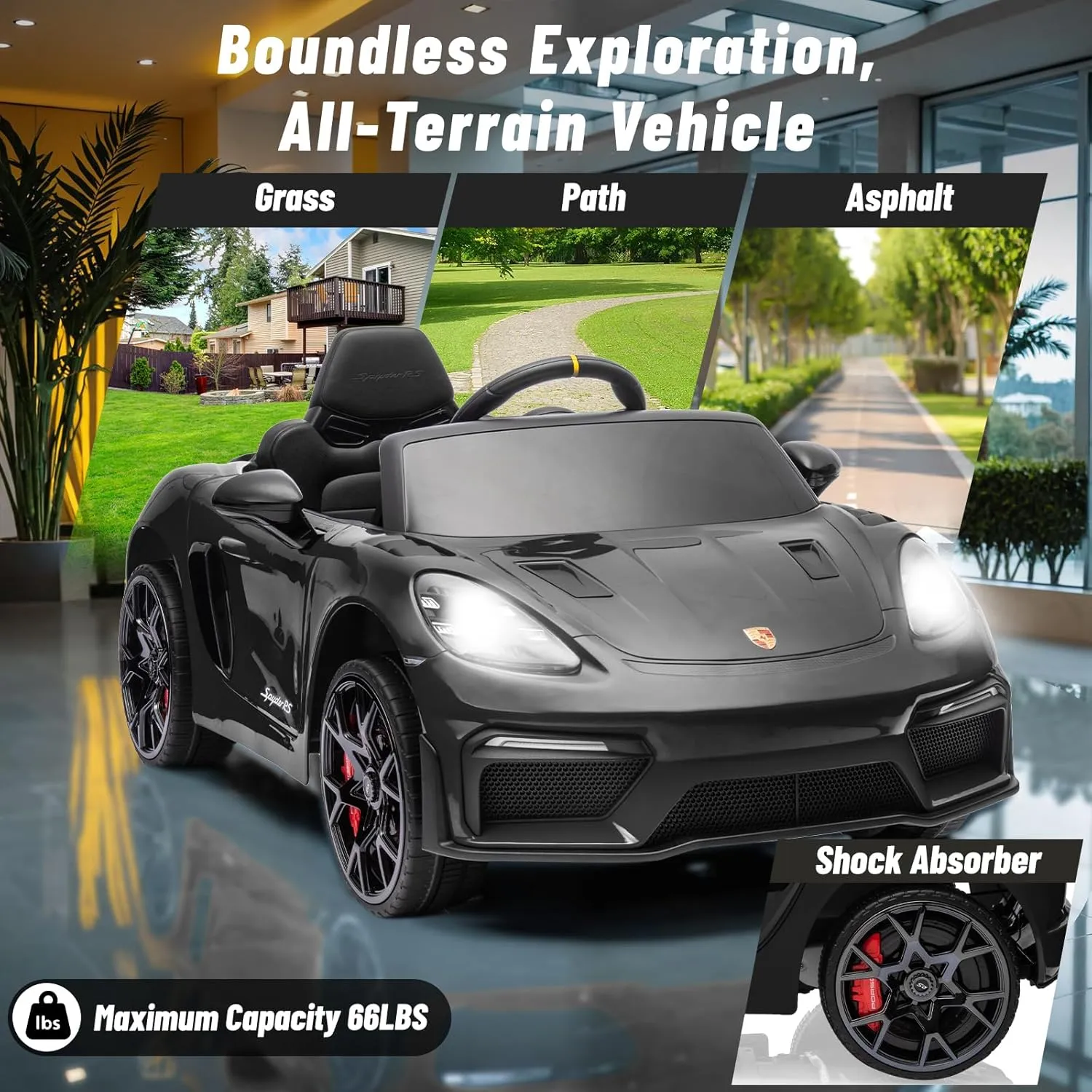 12V Ride on Car Licensed Porsche 718, Kids Electric Car with Remote Control, Front/Rear LED Light, Radio, USB/AUX, Openable Doors, Suspension Function, Durable Tires (Black)