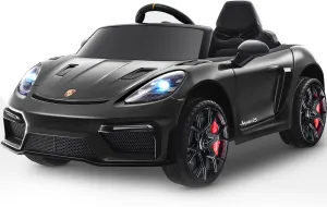 12V Ride on Car Licensed Porsche 718, Kids Electric Car with Remote Control, Front/Rear LED Light, Radio, USB/AUX, Openable Doors, Suspension Function, Durable Tires (Black)