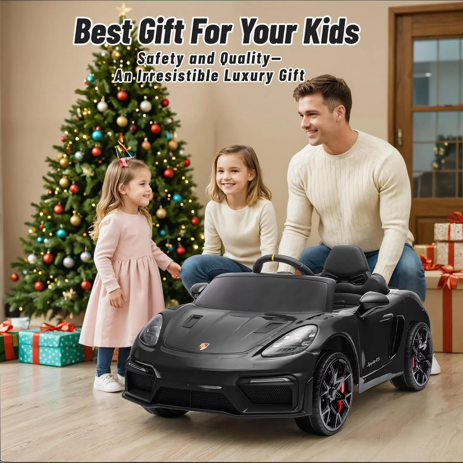 12V Ride on Car Licensed Porsche 718, Kids Electric Car with Remote Control, Front/Rear LED Light, Radio, USB/AUX, Openable Doors, Suspension Function, Durable Tires (Black)