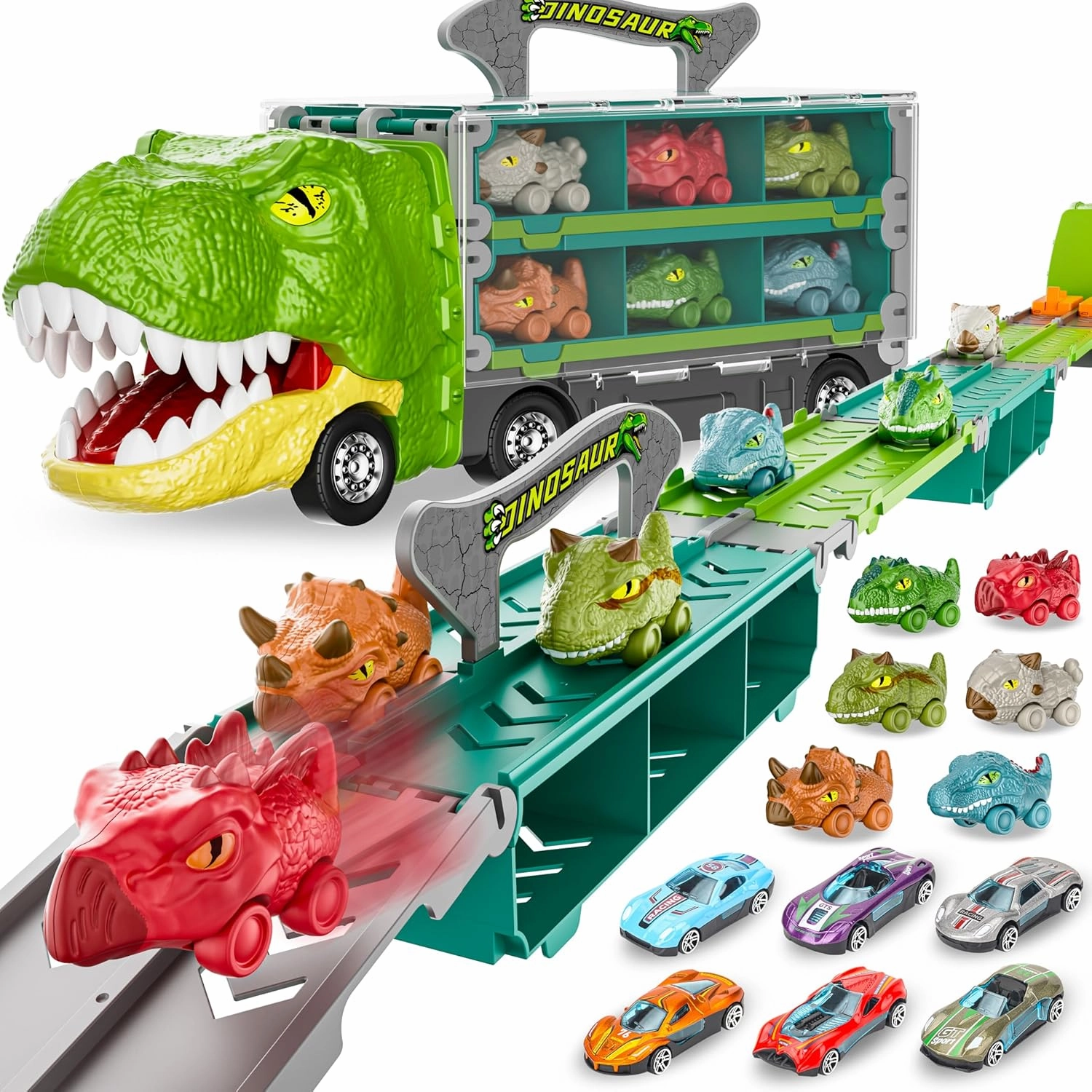 13 in 1 Dinosaur Truck toys for Ages 3 4 5 Year Old Boy Birthday Gift Idea, 2 Player Mode, Transport Carrier Toddler Toys for Kids, 63 Inch Foldable Race Track with 6 Dino Cars & 6 Die-cast Car