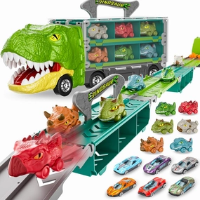 13 in 1 Dinosaur Truck toys for Ages 3 4 5 Year Old Boy Birthday Gift Idea, 2 Player Mode, Transport Carrier Toddler Toys for Kids, 63 Inch Foldable Race Track with 6 Dino Cars & 6 Die-cast Car