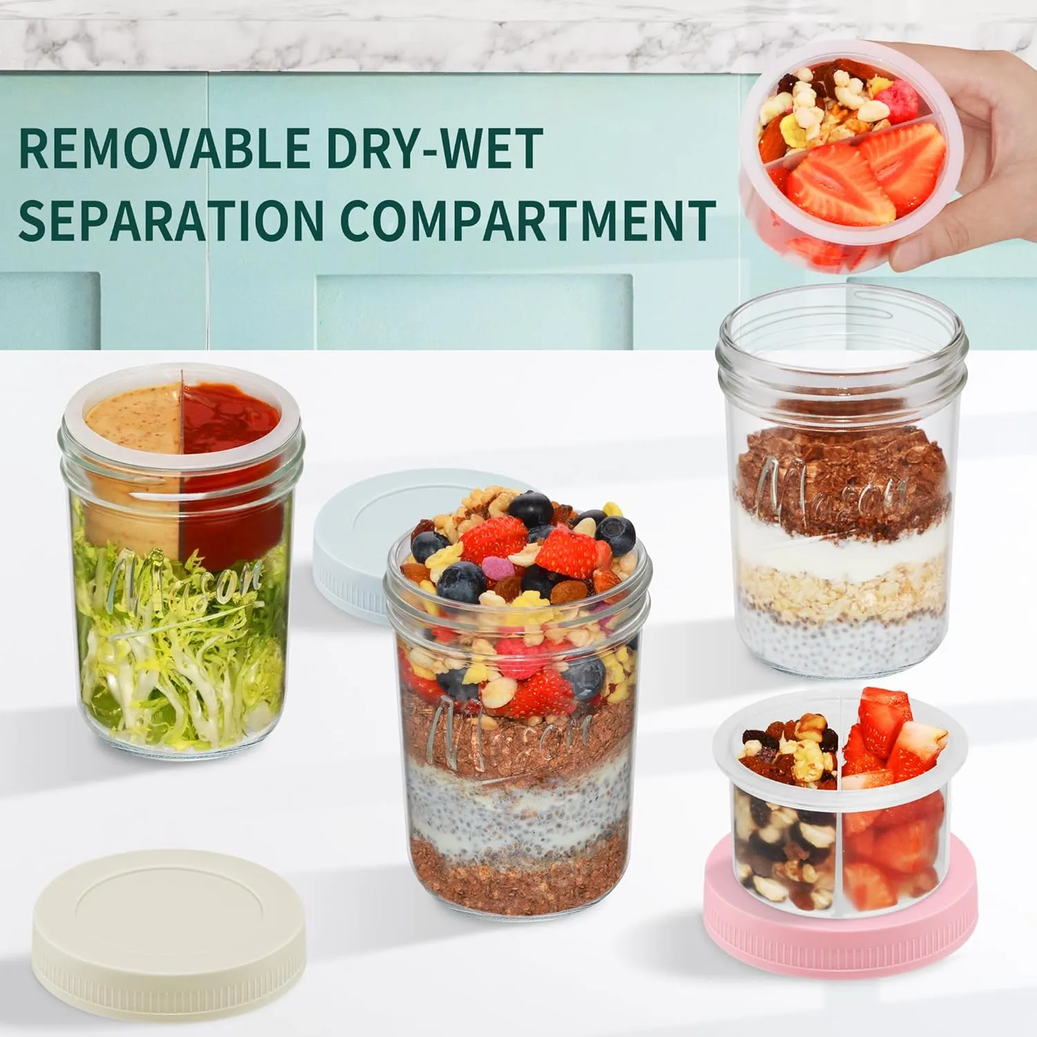 16 oz Overnight Oats Containers with Lids, 4-Pack Leak-Proof Wide Mouth Mason Jars & Separate Compartments for Fruits/Nuts, Airtight Glass Jars for Chia Pudding, Yogurt, Parfait and Salad