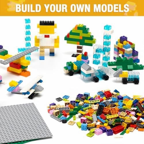 1600 Pieces Building Bricks, Building Bulk Block with 2 Packs 24x24 Studs Sticky Plate and 46PCS Wheel Accessory - 100% Compatible with All Major Bricks, Gfits for Kid - 18 Shape/16 Color