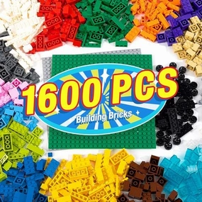 1600 Pieces Building Bricks, Building Bulk Block with 2 Packs 24x24 Studs Sticky Plate and 46PCS Wheel Accessory - 100% Compatible with All Major Bricks, Gfits for Kid - 18 Shape/16 Color