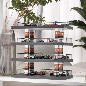 1:64 Scale Diecast Car Display Case 4-Tier Parking Garage Diorama for Hot Wheels, Matchbox, Collectors - 24 Spots, Holds 40  Cars | Freestanding Wood & Acrylic Storage Organizer with Easy Assembly