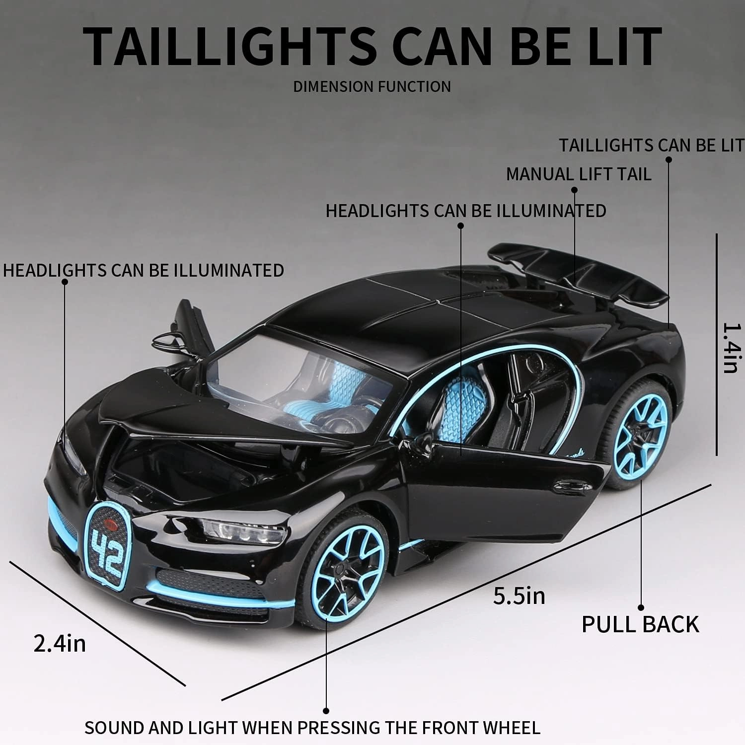 1:32 Bugatti Chiron zinc Alloy Pull Back Car Diecast Electronic Toys with Lights and Music,Decorative,Mini Vehicles Toys for Kids,Boyfriend,Young Peoples Gift（Black）