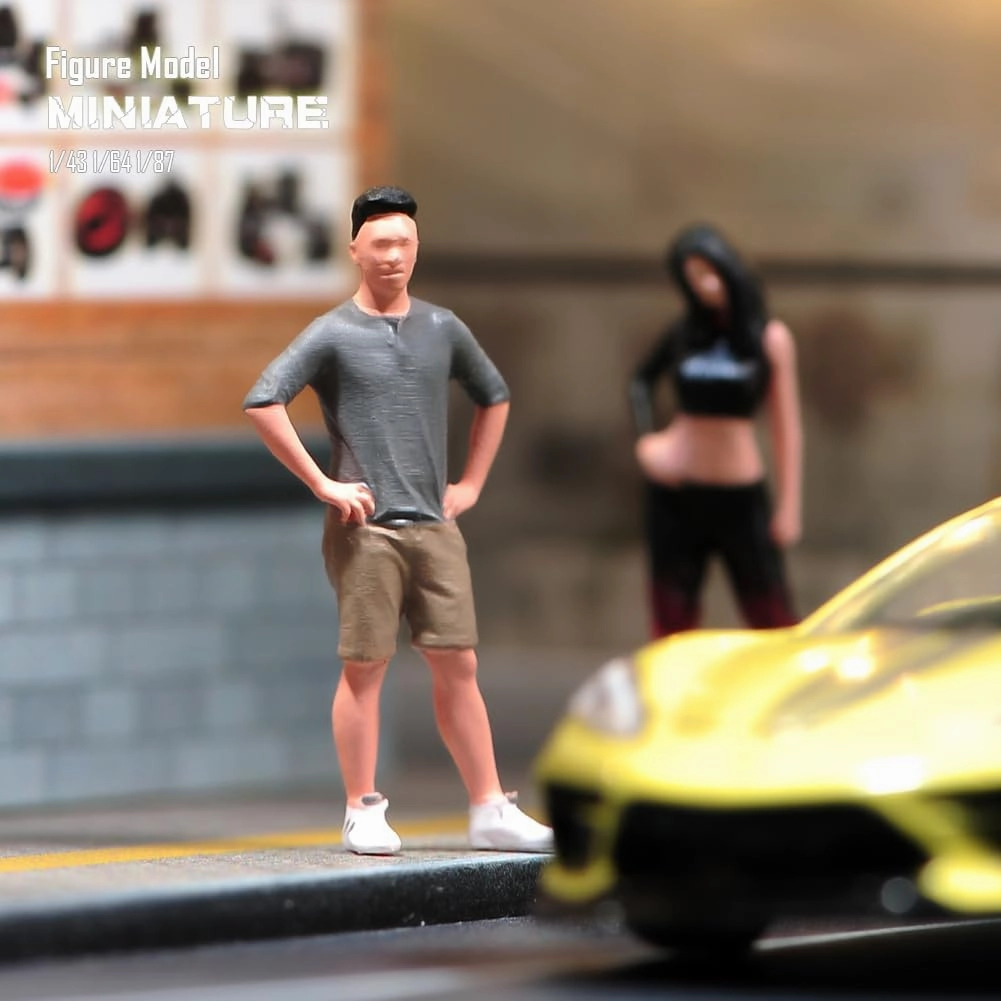 1/87 1/64 1/43 1/24 Scale Miniature Action Figure Doll Model Shorts T-shirt Man Resin Figurine Model Creative Scene Dolls Props for Car Toys (Painted, 1:87 Scale)