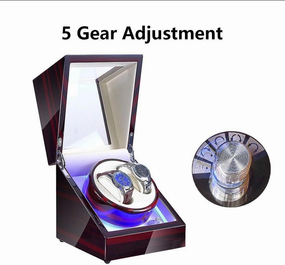1 Pcs Double Watch Winder for Automatic Watches, with Blue LED Light, Wood Shell Piano Paint Exterior，Super Quiet Japanese Motor Watch Winder Display Watch Box Watch Storage