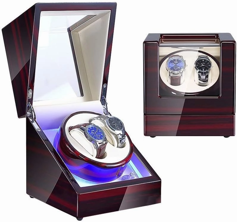 1 Pcs Double Watch Winder for Automatic Watches, with Blue LED Light, Wood Shell Piano Paint Exterior，Super Quiet Japanese Motor Watch Winder Display Watch Box Watch Storage