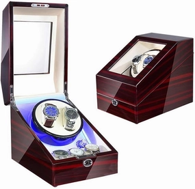 1 Pcs Watch Winder Box 5, for Automatic Watches, with Blue Led Light, Wood Shell Piano Paint Exterior,Pu Leather, 4 Rotation Mode Setting