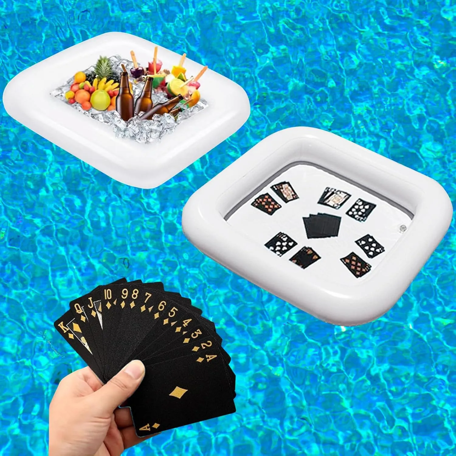 2 PCS Floating Pool Game Table with Waterproof Playing Cards for Summer Pool Party，Inflatable Ice Drink Cooler Serving Tray Bar for Pool Beach Outdoor Picnic Birthday Party Supplies