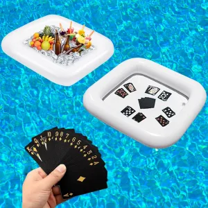 2 PCS Floating Pool Game Table with Waterproof Playing Cards for Summer Pool Party，Inflatable Ice Drink Cooler Serving Tray Bar for Pool Beach Outdoor Picnic Birthday Party Supplies