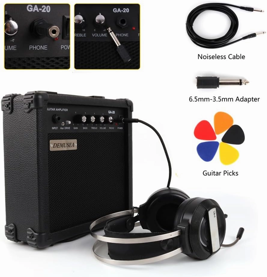 20W Pro Electric Guitar Black Amplifier Amp Practice Small Portable Travel Mini with Headphone Jack Aux Distortion Gain Treble Bass Volume Jack With 3 Meters Cable Audio Adapter Guitar Picks