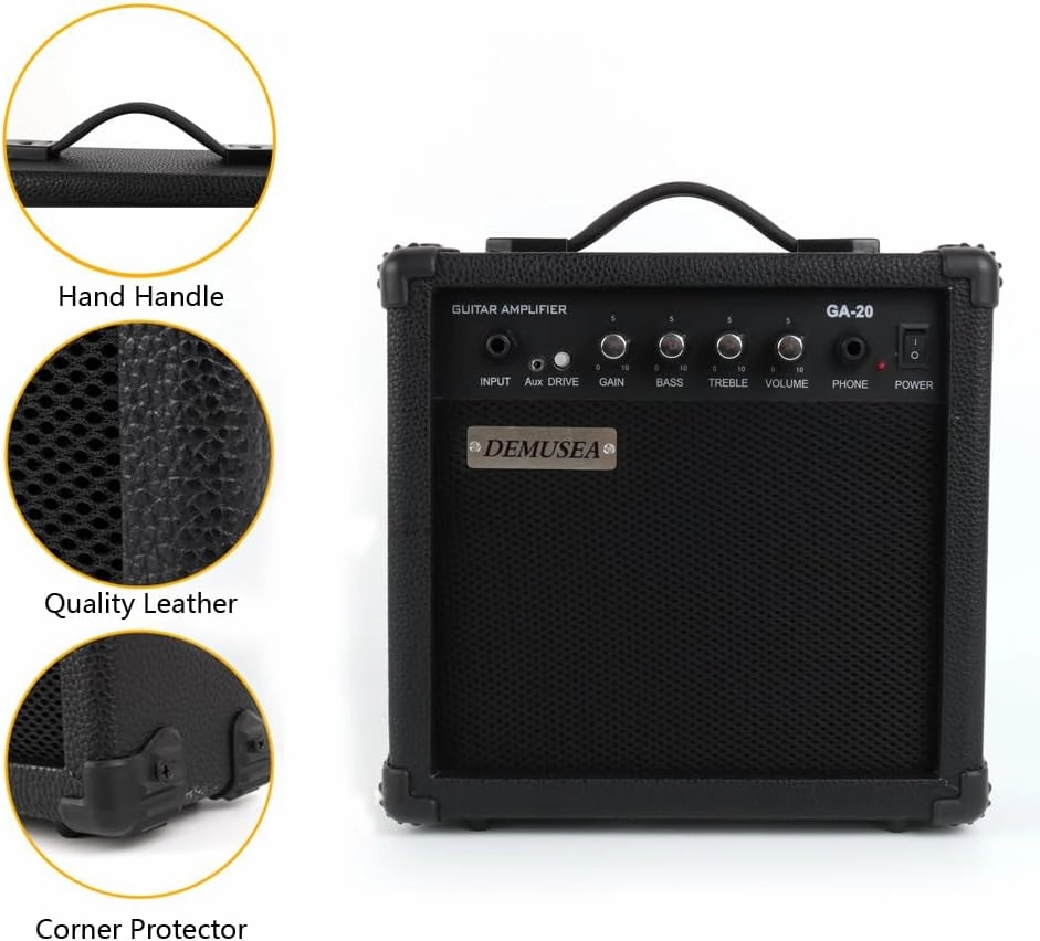 20W Pro Electric Guitar Black Amplifier Amp Practice Small Portable Travel Mini with Headphone Jack Aux Distortion Gain Treble Bass Volume Jack With 3 Meters Cable Audio Adapter Guitar Picks