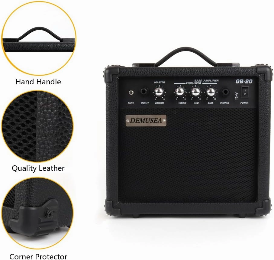 20W Watt Electric Bass Guitar Black Amplifier Portable Travel Mini Practic Amp Headphone Jack Aux Treble Middle Bass Mp3 with Cable Adapter Guitar Picks in