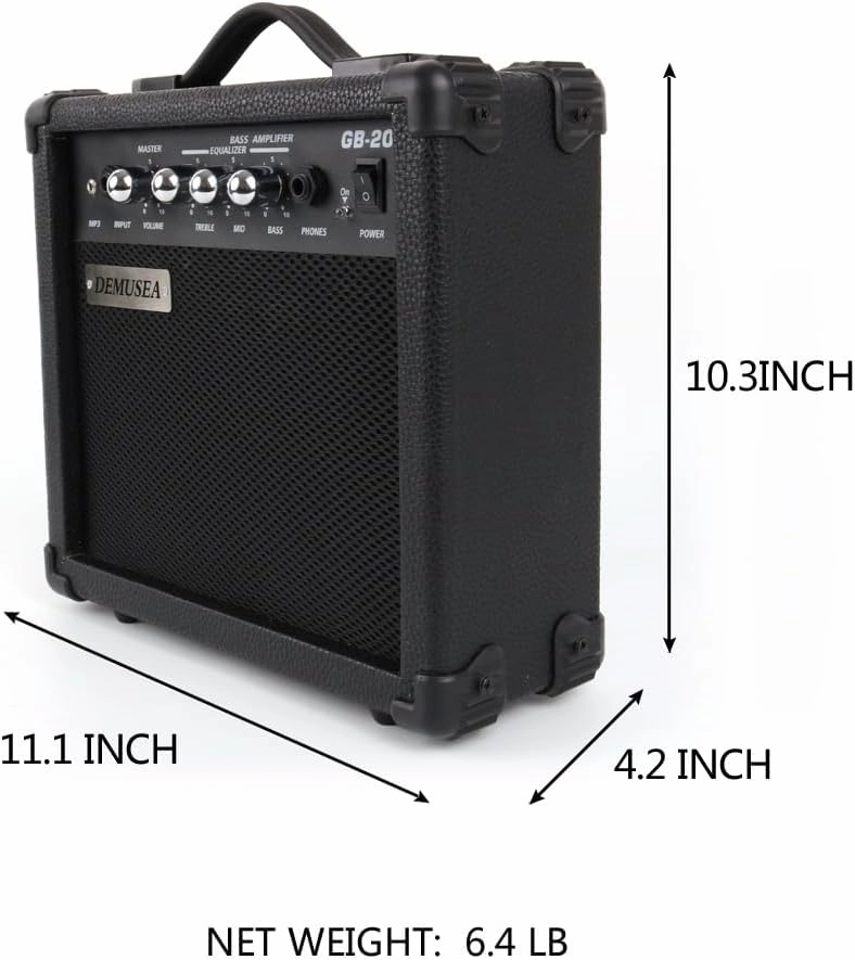 20W Watt Electric Bass Guitar Black Amplifier Portable Travel Mini Practic Amp Headphone Jack Aux Treble Middle Bass Mp3 with Cable Adapter Guitar Picks in