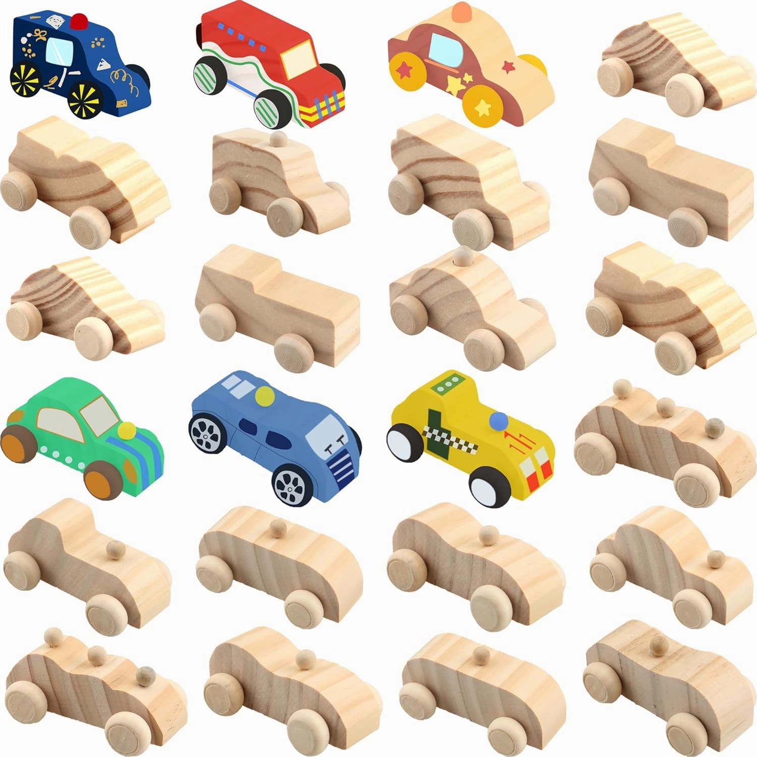 24 Pack DIY Wooden Car Toys Unfinished Wood Car to Paint Wooden Craft Vehicles for Students Home DIY Crafts Activities, 12 Styles