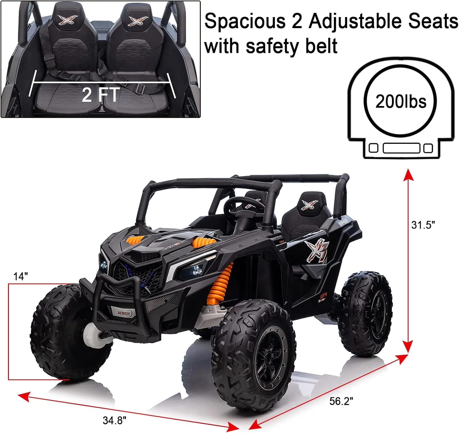 24V Kids Electric UTV Toy Car with Remote Control, All-Terrain Off-Road Ride On Vehicle for Big Kids 3-8 Years, Powerful Motor, Safety Belt, Music & LED Lights, Gift for Boys Girls (Black)