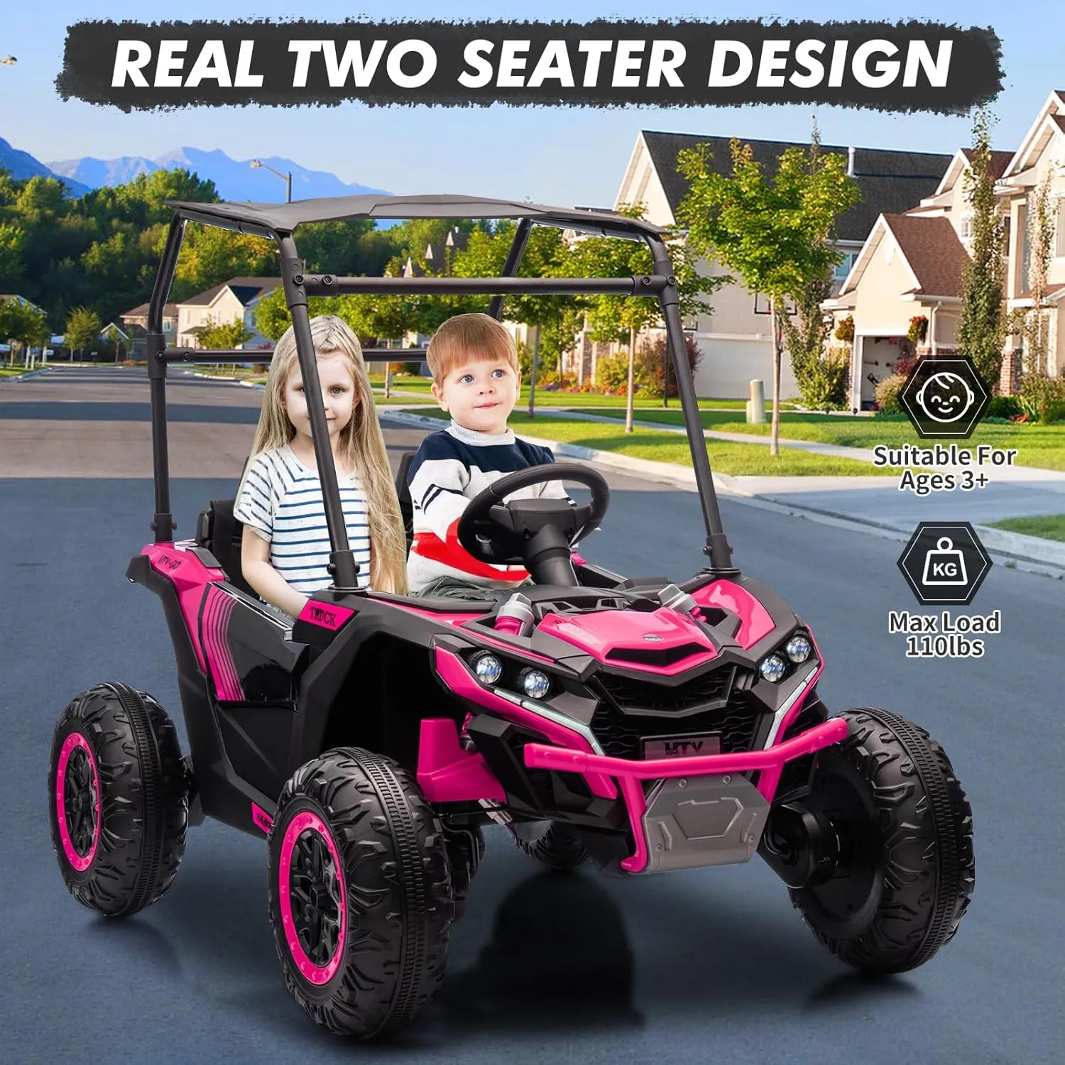 24V Ride On Utv for Kids, 2 Seater Electric Truck with Sun Shade,4WD Electric Car Toy with Remote Control, Led Lights, 4 Shock Absorbersm,One Click Start, Music Player(Rose)