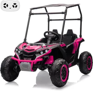 24V Ride On Utv for Kids, 2 Seater Electric Truck with Sun Shade,4WD Electric Car Toy with Remote Control, Led Lights, 4 Shock Absorbersm,One Click Start, Music Player(Rose)