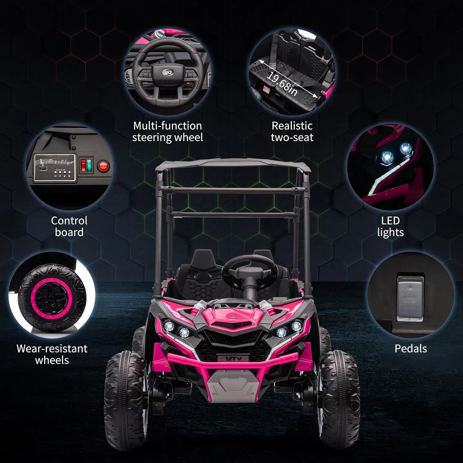 24V Ride On Utv for Kids, 2 Seater Electric Truck with Sun Shade,4WD Electric Car Toy with Remote Control, Led Lights, 4 Shock Absorbersm,One Click Start, Music Player(Rose)
