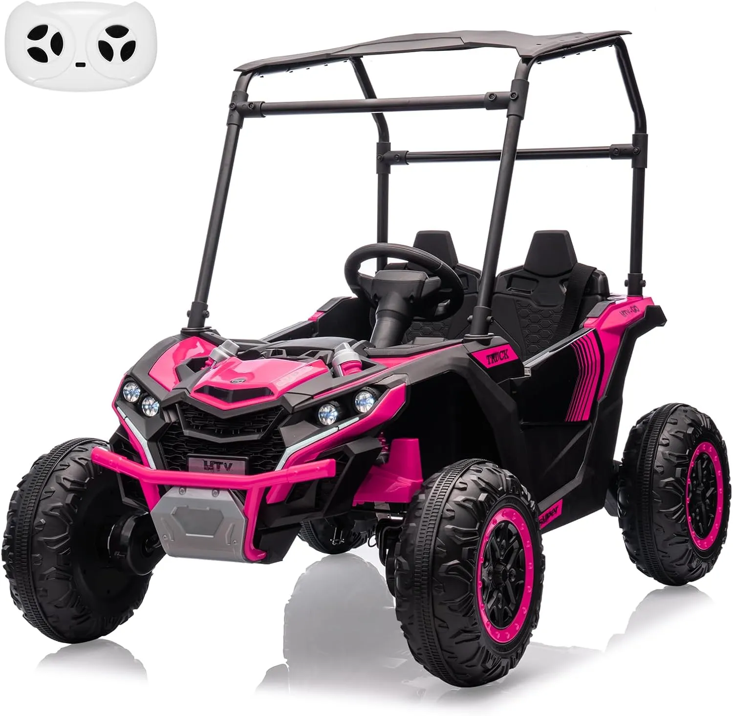 24V Ride On Utv for Kids, 2 Seater Electric Truck with Sun Shade,4WD Electric Car Toy with Remote Control, Led Lights, 4 Shock Absorbersm,One Click Start, Music Player(Rose)