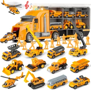 25 in 1 Die-cast Pull Back Construction Truck Vehicle Toys for 3-7Year Old Boy, Sounds and Lights in Large Carrier Truck, Age3  Kids Child Boy Toy Cars Birthday Gifts