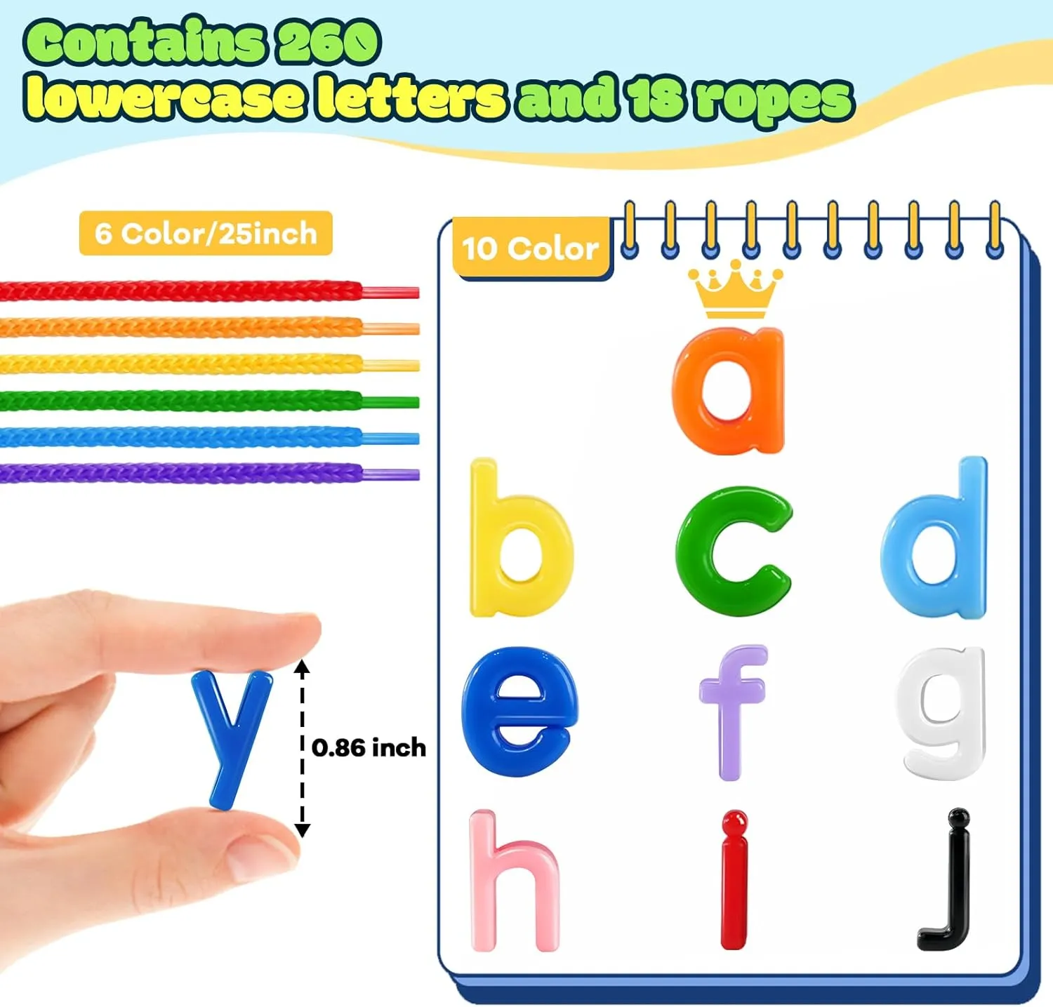 278 Pcs Lacing Letters Beads, Lowercase Alphabet Learning Toys, 10 Color Rainbow Alphabet Beads with 18 Laces, Preschool & Home Educational Toy for Kids Ages 3 , Back to School Supplies