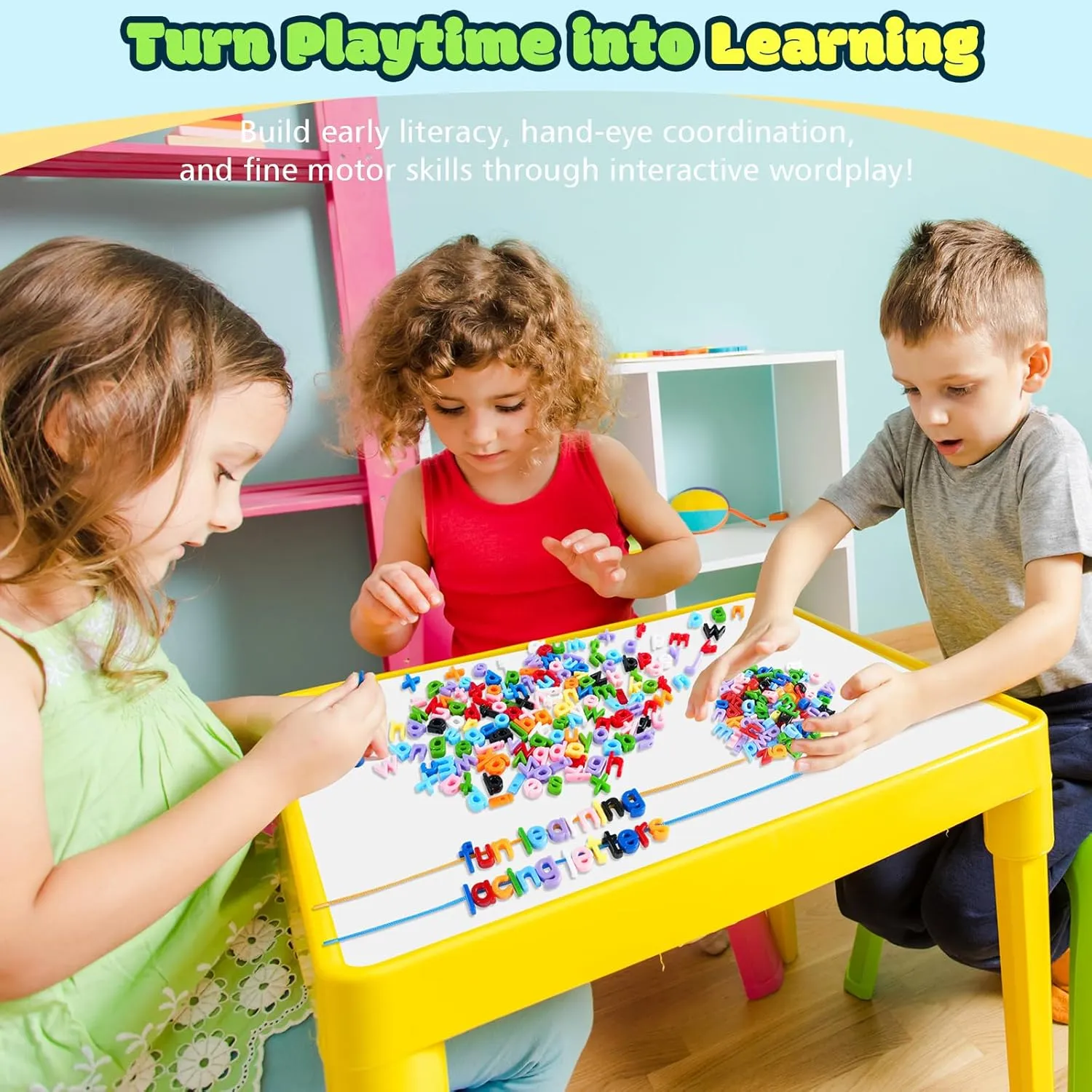 278 Pcs Lacing Letters Beads, Lowercase Alphabet Learning Toys, 10 Color Rainbow Alphabet Beads with 18 Laces, Preschool & Home Educational Toy for Kids Ages 3 , Back to School Supplies