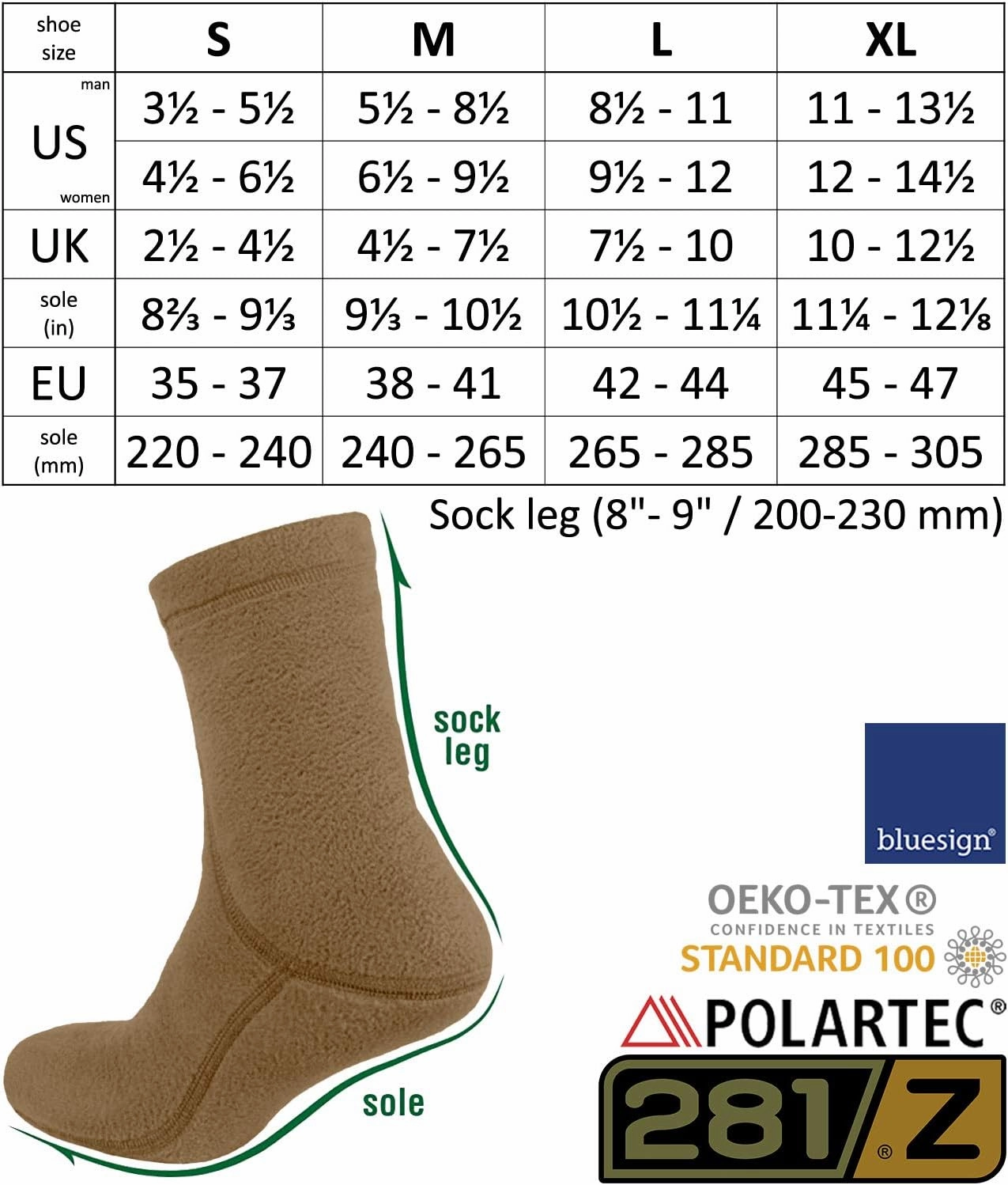 281z Hiking Warm 8 inch Boot Liner Socks - Military Tactical Outdoor Sport - Polartec Fleece Winter Socks (Coyote Brown)