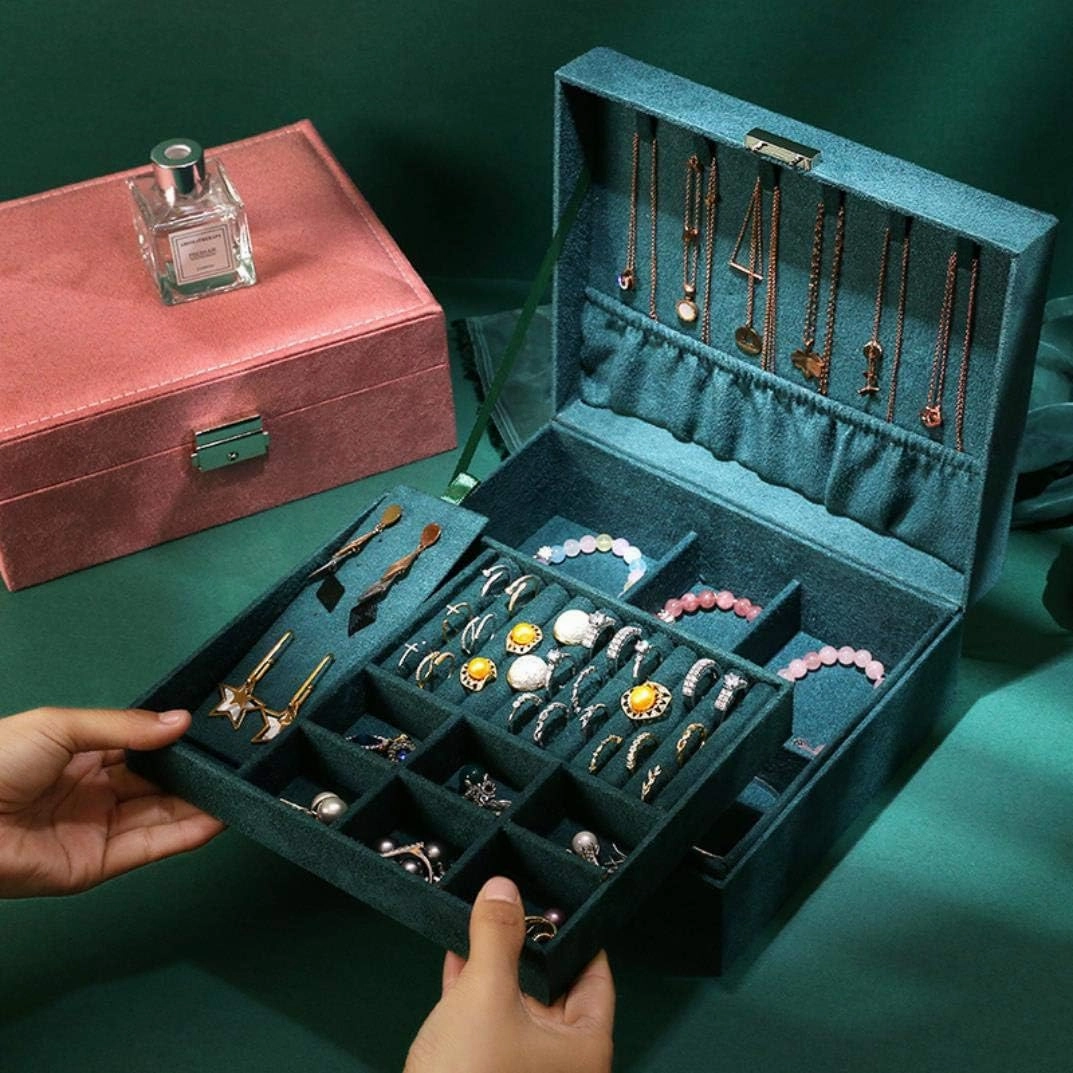 2 Layers Jewelry Organizer Box Display Storage Case with Lock Suede Portable Leather Jewelry Box for Storing Watch, Earring, Ring, Chain, Bracelet Dark Green