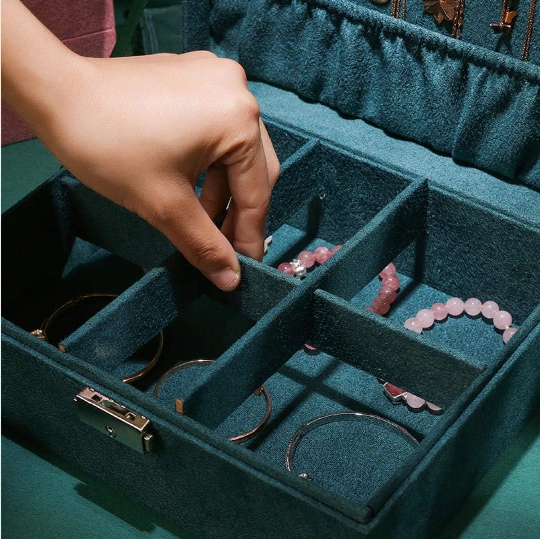 2 Layers Jewelry Organizer Box Display Storage Case with Lock Suede Portable Leather Jewelry Box for Storing Watch, Earring, Ring, Chain, Bracelet Dark Green