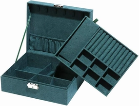 2 Layers Jewelry Organizer Box Display Storage Case with Lock Suede Portable Leather Jewelry Box for Storing Watch, Earring, Ring, Chain, Bracelet Dark Green