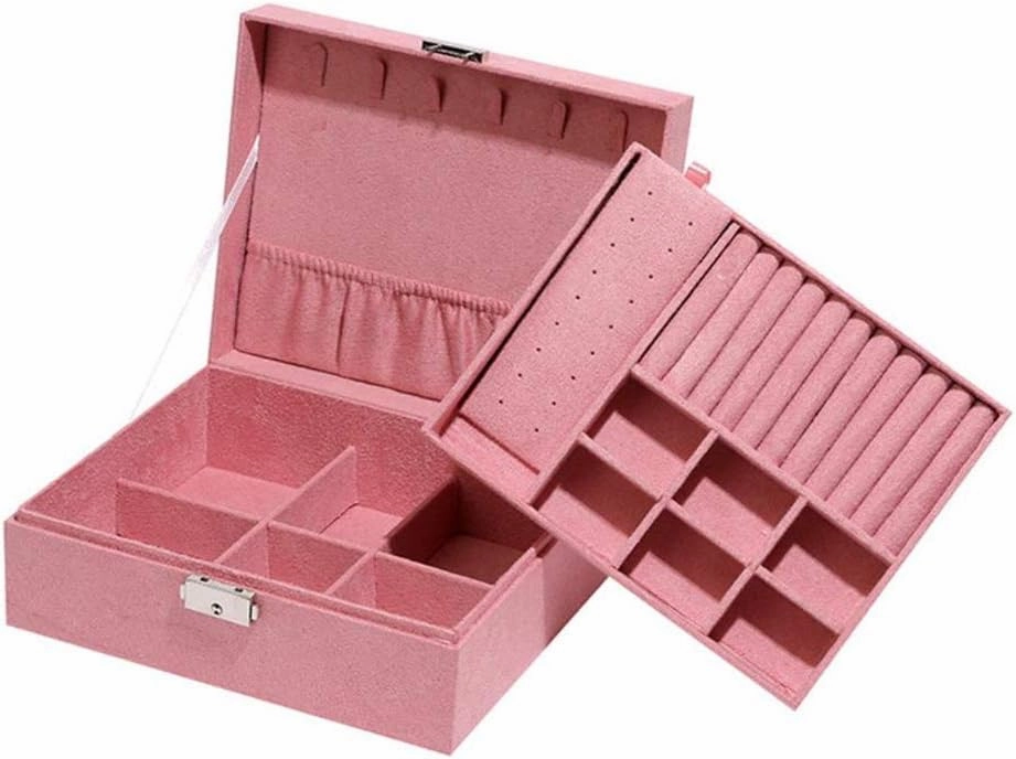 2 Layers Jewelry Organizer Box Display Storage Case with Lock Suede Portable Leather Jewelry Box for Storing Watch, Earring, Ring, Chain, Bracelet Pink