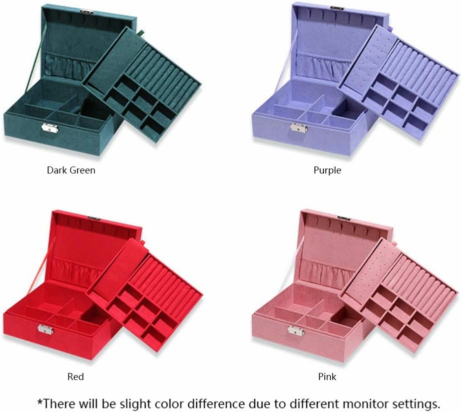 2 Layers Jewelry Organizer Box Display Storage Case with Lock Suede Portable Leather Jewelry Box for Storing Watch, Earring, Ring, Chain, Bracelet Pink