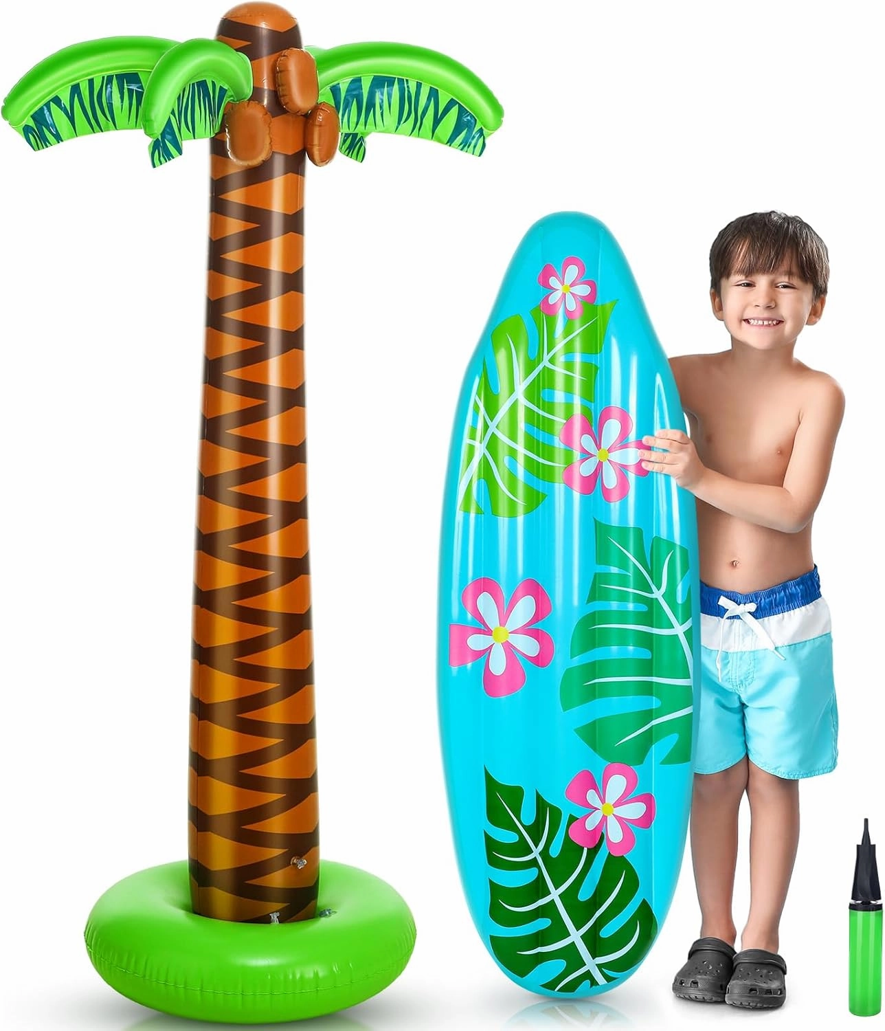 2 Pcs Summer Inflatable Palm Tree and Surfboard Set 70 Inches Blow up Palm Trees and 35.5 Inch Inflatable Surf Board Float with Hand Pump for Hawaiian Beach Tropical Luau Pool Party