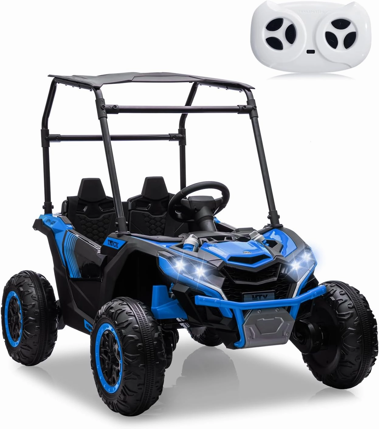 2 Seater Kids UTV Electric Car, 24V Ride On Car for Kids w/2.4G Remote Control, Electric Vehicles w/Forward & Reverse Functions, 4-Wheeler Suspension, Lights and Music (Blue)